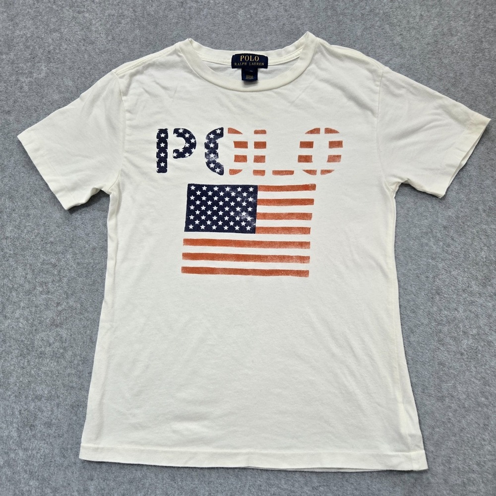 Polo Ralph Lauren T Shirt Boys Size 8 White Casual USA Flag‎ Logo Graphic Print